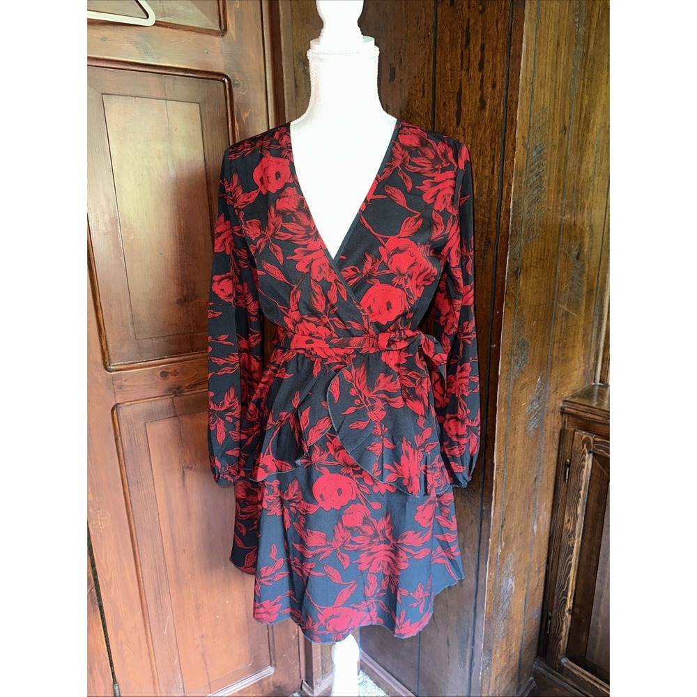 UGUEST Women Long Sleeve V Neck Dress Floral Mini Swing Party Wedding Sz Small